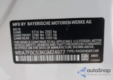 2019 BMW 750I z USA, uszkodzony, nr VIN WBA7F0C53KGM24977